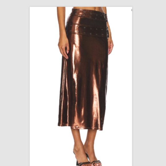 WE WORE WHAT Resolve Metallic Double Belt Midi Skirt Foiled Stretch 6 NWT $119 - Picture 2 of 9